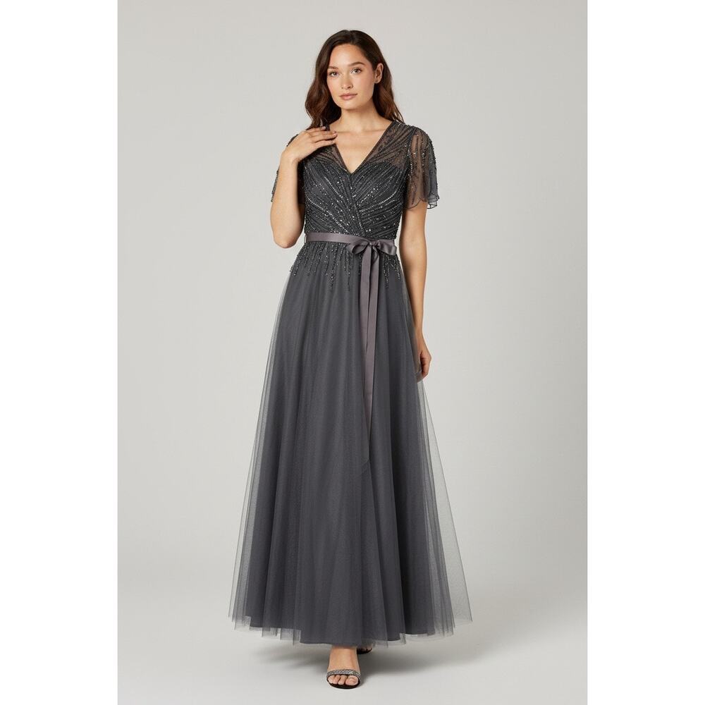 XSCAPE Women's Long Mesh Bead Ball Gown (Charcoal) Evening Dress 8 NWT